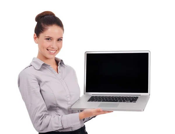 Laptopscherm Studio Vrolijke Portretvrouw Met Bedrijfsmodel Voor Online Reclame Branding — Stockfoto