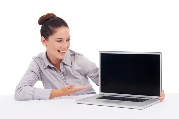 Ekran Laptopa Gest Makieta Biznesowa Szczęśliwa Kobieta Promocji Marki Ogłoszenia — Zdjęcie stockowe