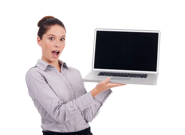 Laptop Scherm Zakelijke Verrassing Portret Vrouw Met Studio Mockup Shock — Stockfoto