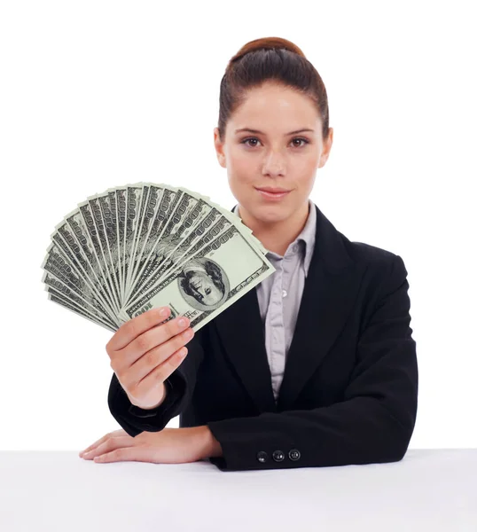 Studio portrait, money and business woman with lotto award, dollar bills giveaway or cash investment, savings or income. Financial funding, prize giving winner and person isolated on white background.