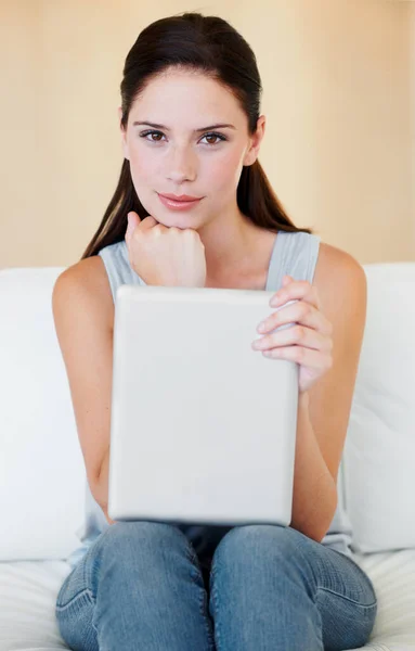 Digital Tablet Portrait Woman Relax Sofa Social Media Reading Browsing — Stock Photo, Image