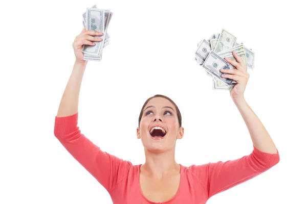 Dinero Del Estudio Emocionado Mujer Celebran Ganar Lotería Premio Competencia —  Fotos de Stock