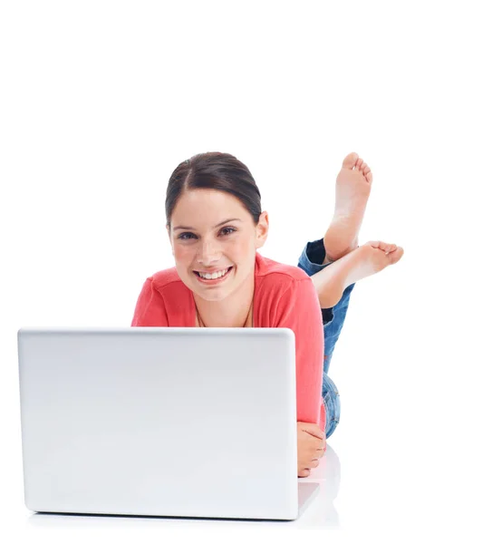 Studio Laptop Relax Portrait Woman Smile Floor Doing Internet Website — Stock Photo, Image