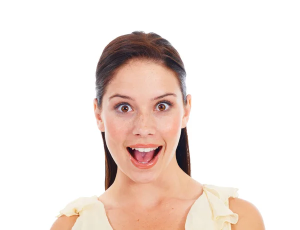 Retrato Facial Sorpresa Mujer Emocionada Por Notificación Del Ganador Anuncio —  Fotos de Stock