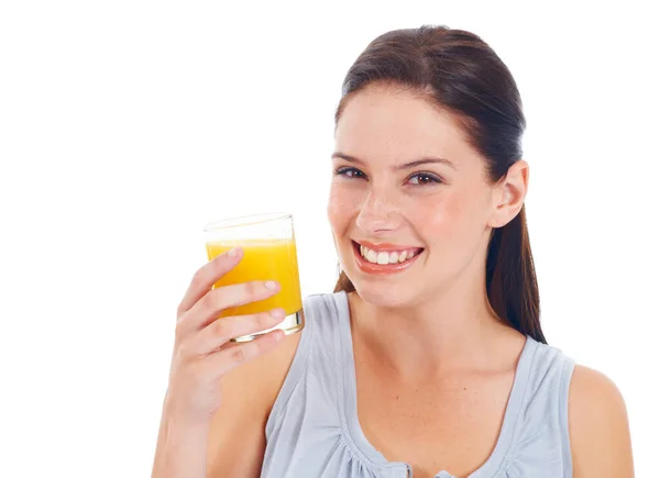 Jugo Naranja Retrato Mujer Estudio Con Bebida Vidrio Para Hidratación —  Fotos de Stock