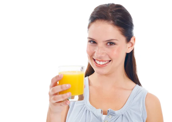 Χυμός Πορτοκαλιού Πορτρέτο Υγείας Στούντιο Και Ευτυχισμένη Γυναίκα Ποτήρι Ποτό — Φωτογραφία Αρχείου
