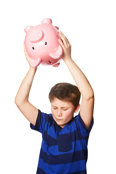 Piggy Bank Smash Young Boy Studio Finance Savings Decision White — Stock Photo, Image