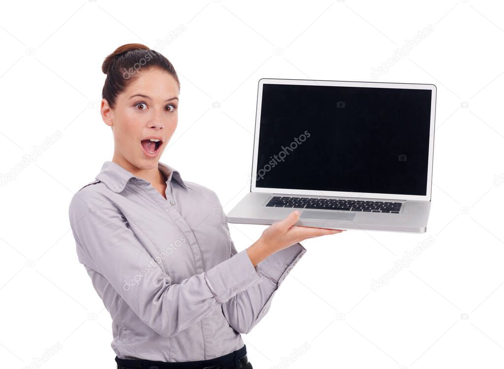 Laptop screen, business surprise and portrait woman with studio mockup shock over online feedback notification. Wow news, OMG and female employee with promo presentation isolated on white background.