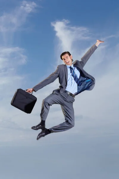 Homem Negócios Calcanhar Clique Céu Com Terno Felicidade Liberdade Para — Fotografia de Stock