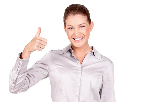 Happy Woman Portrait Hand Thumbs Achievement Success Winning White Studio — Stock Photo, Image
