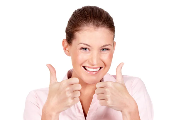 Happy Woman Portrait Hands Thumbs Success Winning Good Job White Stock Image