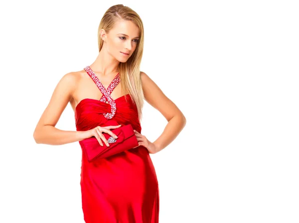 Fashion Beauty Elegant Woman Wearing Red Dress Gown Fancy Party — Stockfoto