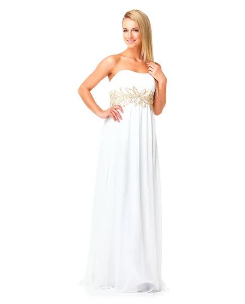 Beyaz Elbise Zarif Moda Güzel Kadın Balo Düğün Resmi Etkinlik — Stok fotoğraf