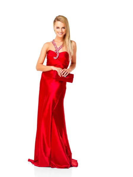 自信を持っている女性のファッション 魅力的でエレガントな赤いドレスは コピースペースの背景に対するプロムパーティーや空想的なイベントについて幸せを探しています 新婦付添人のガウンまたは豪華なデザイナーの摩耗および付属品 — ストック写真