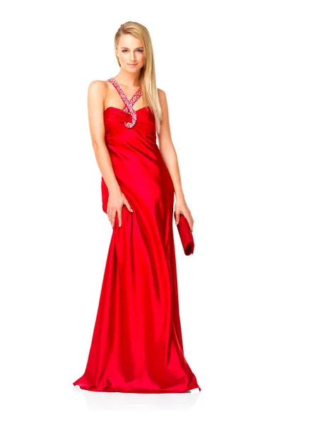 Young Elegant Woman Red Dress Fancy Gown While Feeling Confident — Stok fotoğraf