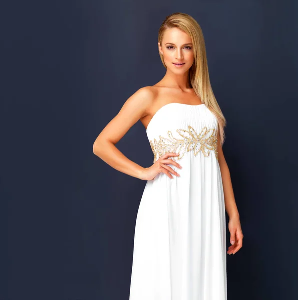 Beautiful Woman White Gala Dress Looking Gorgeous Prom Orcars Red — Stockfoto