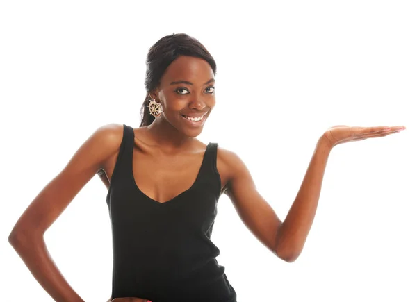 Isolated Promotion Smile Portrait Black Woman Advertisement Information Branding Mockup — Stock Photo, Image