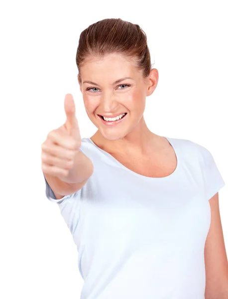 Szczęśliwa Kobieta Uśmiech Portretowy Kciuki Góry Dobrą Pracę Wygraną Lub — Zdjęcie stockowe