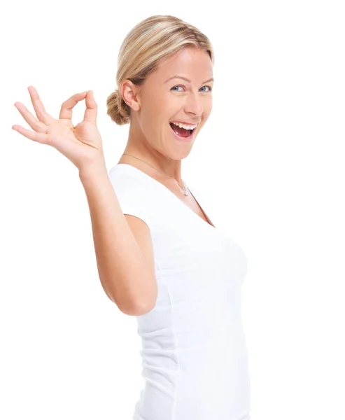 Excited Woman Hand Sign Portrait Studio Happiness Agreement Support Face — Stock Photo, Image