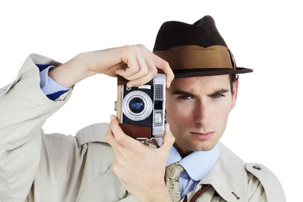 Detective Cámara Espía Con Retrato Hombre Estudio Para Vigilancia Reportero —  Fotos de Stock