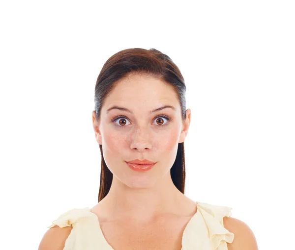 Retrato Facial Surpresa Mulher Estúdio Chocada Com Maquiagem Cosméticos Rotina — Fotografia de Stock