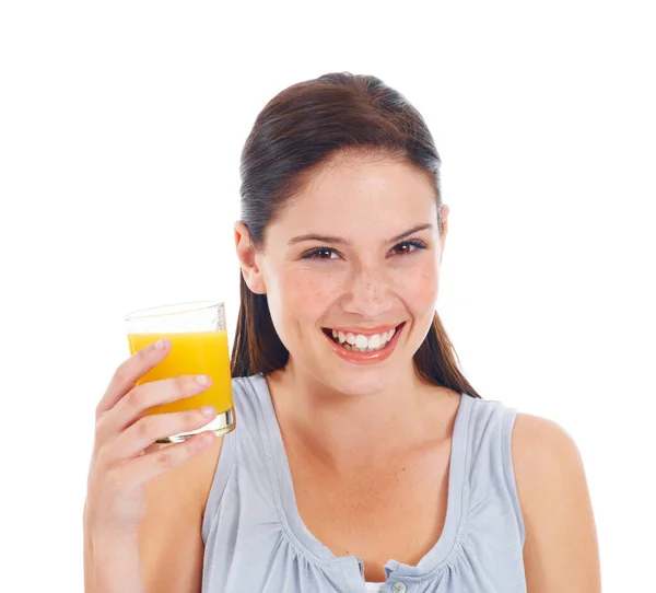 Jugo Naranja Sonrisa Retrato Mujer Con Bebida Vidrio Para Hidratación —  Fotos de Stock