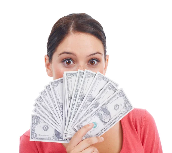 Finanzas Dinero Ganador Con Retrato Mujer Para Inversión Éxito Estudio —  Fotos de Stock