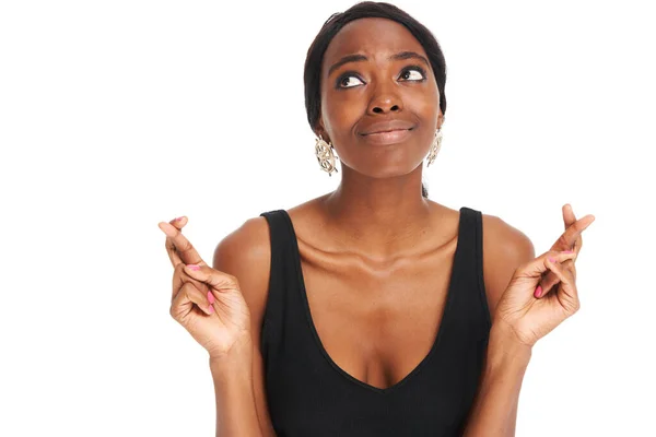 Vingers Gekruist Denken Hopen Met Zwarte Vrouw Mockup Voor Geluk — Stockfoto