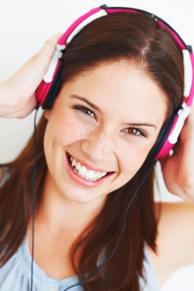 Auriculares Musicales Retrato Cara Mujer Escuchan Canciones Divertidas Chicas Podcast — Foto de Stock