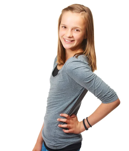 Młoda Nastolatka Portret Szczęśliwa Dziewczyna Studio Uśmiechem Pewnością Siebie Młodzieży — Zdjęcie stockowe