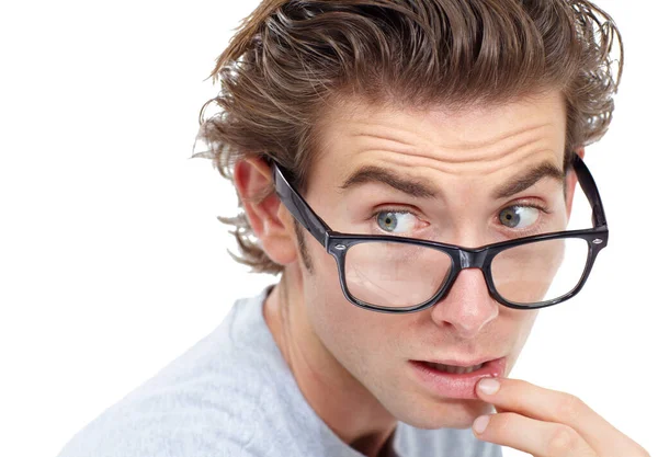 Überrascht Brille Und Mann Unter Schock Oder Angst Besorgtes Gesicht — Stockfoto