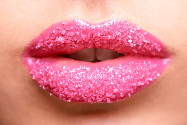 Boca Mulher Batom Rosa Açúcar Esfregar Closeup Maquiagem Beleza Com — Fotografia de Stock