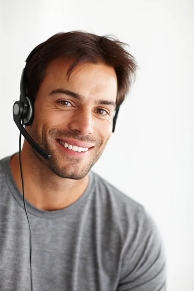 Portret Call Center Gelukkige Man Geïsoleerd Een Witte Achtergrond Virtuele — Stockfoto