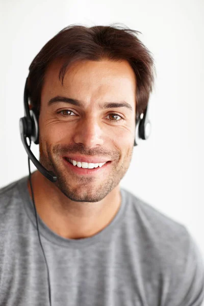 Portret Call Center Konsultant Człowiek Izolowany Białym Tle Wirtualnej Komunikacji — Zdjęcie stockowe