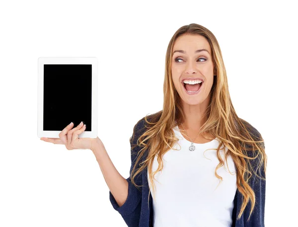 Tablet Screen Mockup Excited Woman Isolated White Background Wow Sale — Stock Photo, Image