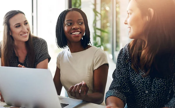 stock image Business women, conversation and laptop data with planning and strategy in office. Training, communication and online chart with corporate tech and working on a teamwork project with diversity.