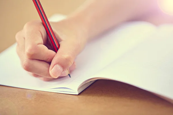 Working Hard School Cropped Closeup Image Child Writing Workbook — Stock Photo, Image