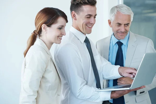 Look Group Smiling Business People Looking Something Laptop — Stock Photo, Image