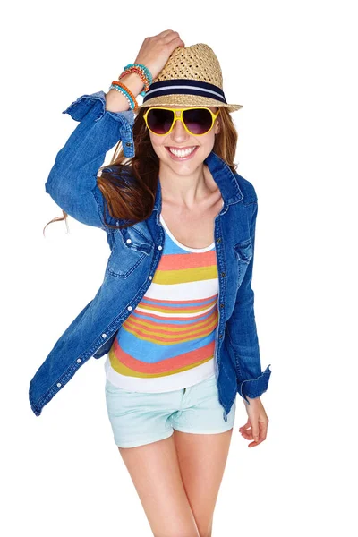 Entusiasmado Com Verão Estúdio Tiro Uma Jovem Vestida Para Verão — Fotografia de Stock