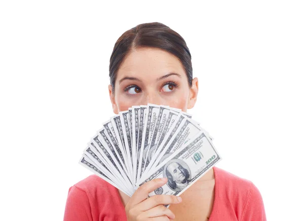 Pensamiento Fan Del Dinero Ganador Con Mujer Estudio Para Inversión —  Fotos de Stock