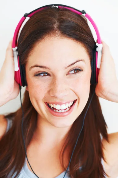 Music Headphones Studio Face Happy Woman Listening Fun Girl Song — Foto de Stock