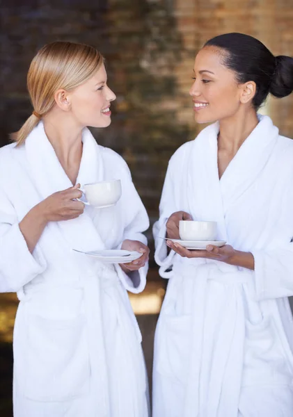 Should More Often Two Female Friends Bathrobes Day Spa Enjoying — Stock Photo, Image
