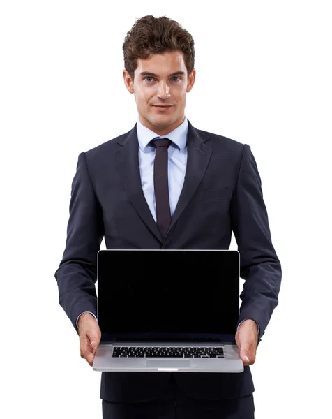 Dando Lhe Espaço Cópia Online Belo Jovem Empresário Segurando Laptop — Fotografia de Stock