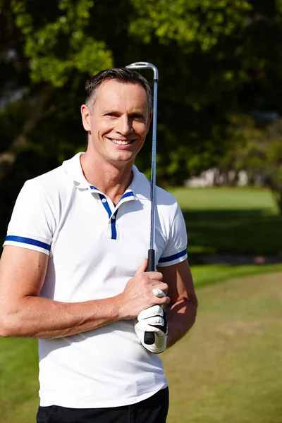 Vems Tur Det Att Spela Golf Porträtt Stilig Man Njuter — Stockfoto