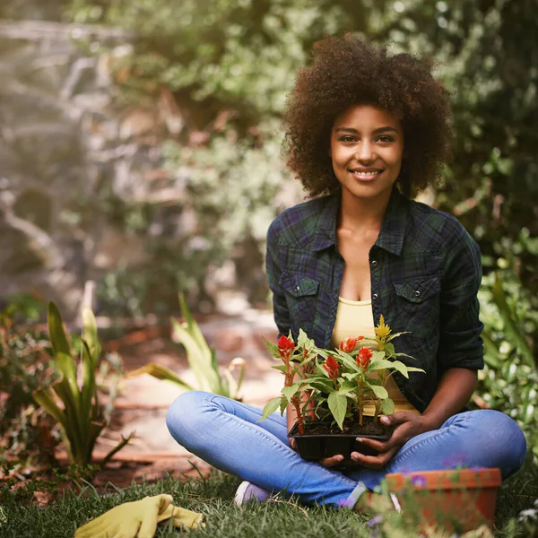 Mujer Negra Con Planta Jardín Sonrisa Retrato Con Jardinería Flor — Foto de Stock