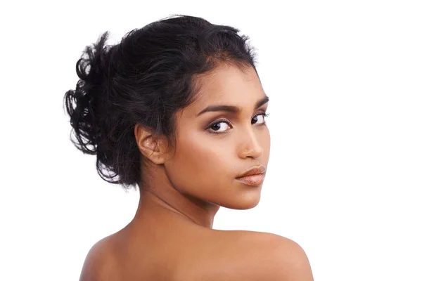 Portret Dermatologie Indiase Vrouw Met Schoonheid Luxe Meisje Geïsoleerd Tegen — Stockfoto