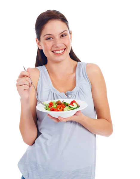 Porträtlächeln Studiofrau Und Salat Für Die Gewichtsreduktion Vegane Gesundheitsversorgung Oder — Stockfoto