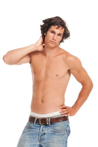Abs Dżinsy Bez Koszulki Portretem Człowieka Dla Mody Fitness Casual — Zdjęcie stockowe