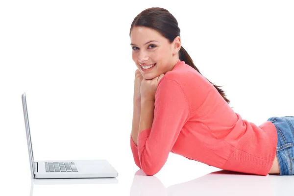 stock image Laptop, studio portrait and woman on floor doing internet, website or digital web search for research project. Online shopping sales, ecommerce girl and happy model smile isolated on white background.