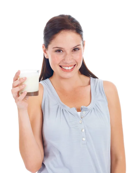 Glückliche Frau Porträt Und Glas Milchmilch Für Vitamin Gesundheitsleistungen Knochengesundheit — Stockfoto